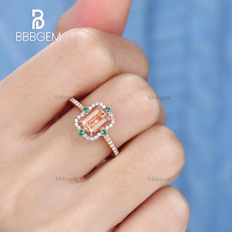 contemporary engagement rings -Vintage Emerald Step Cut Peachy Pink Morganite Rose Gold Ststement Ring With 4 Emerald Accents