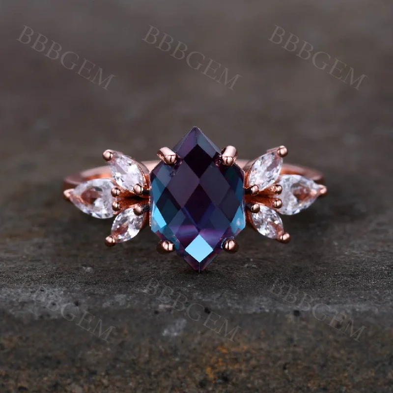 moissanite engagement rings -10X7mm Hexagon Cut Lab-created Alexandrite Engagement Ring Marquise Shaped Moissannite