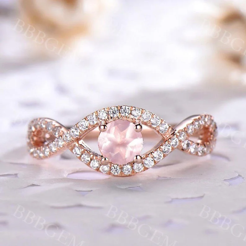 elegant engagement rings -Dainty Rose Quartz Engagement Ring Round Cut Twist Diamond Wedding Band