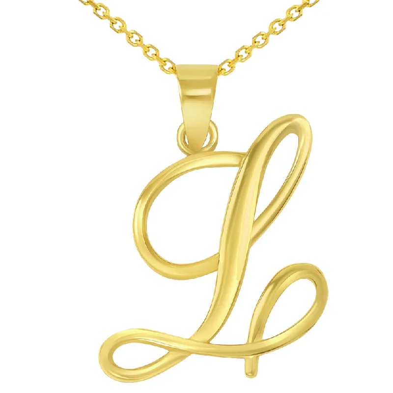 women pearl drop necklaces -14k Yellow Gold Elegant Script Letter L Cursive Initial Pendant with Concave Cuban Link Curb Chain Necklace