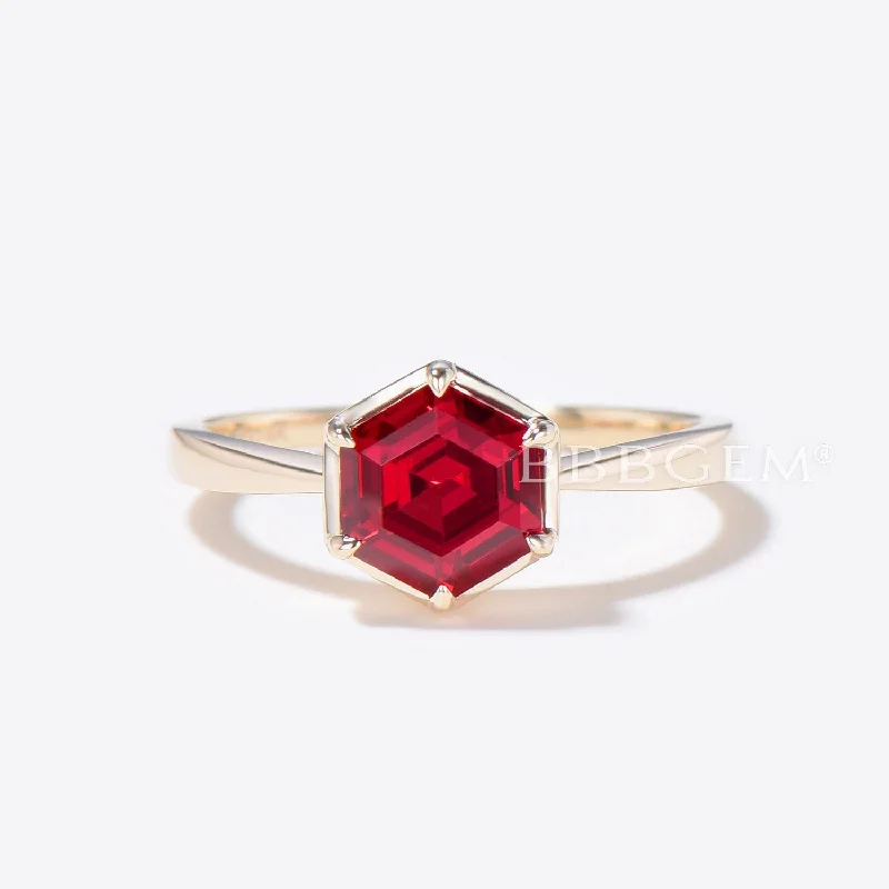 yellow gold engagement rings -Hexagon Cut Red Ruby Solitaire Ring Gold 6 Prong Wedding Ring