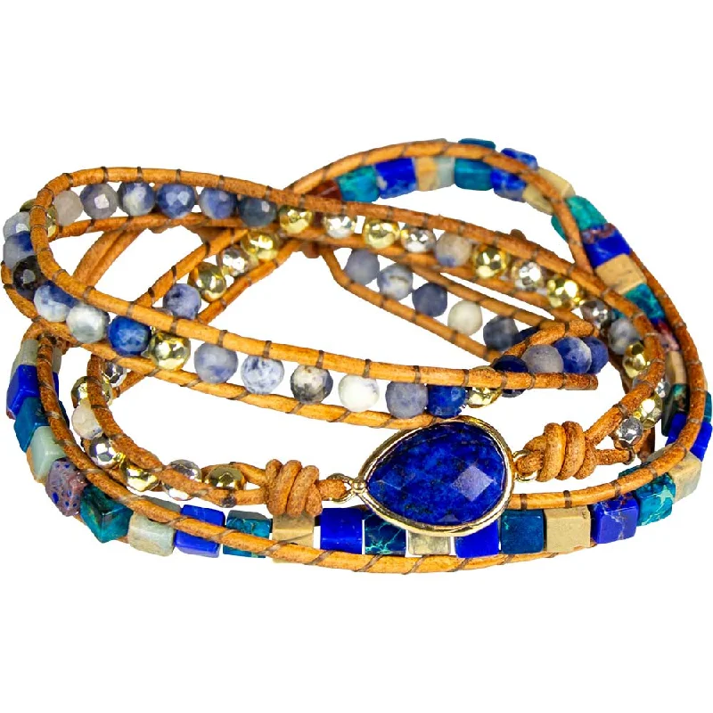 women gemstone bangles -24" Wrap Bracelet Leather & Imperial Jasper with Lapis Accent