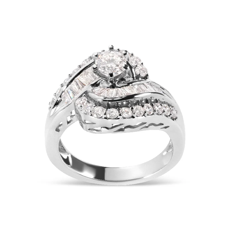 white gold engagement rings -14K White Gold 1.00 Cttw Round and Baguette cut Diamond Swirl Cocktail Ring