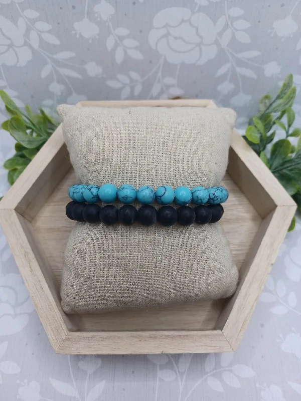 women silver bangles -Turquoise & Black Crackle Stone Beaded Bracelet Set