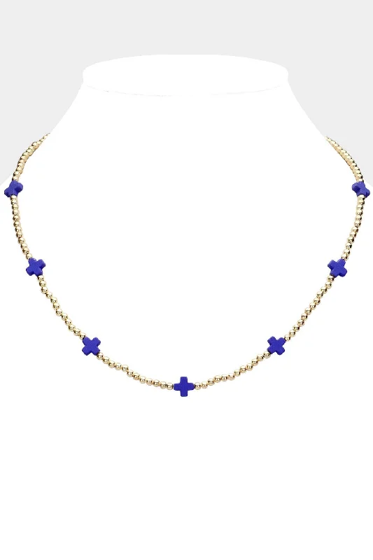 women natural stone necklaces -Cross Pointed Blue Metal Ball Beaded Necklace