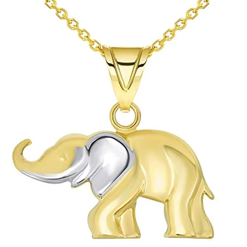 women minimalist necklaces -14k Yellow Gold High Polished Two Tone Elephant Pendant Necklace with Cable, Cuban, or Figaro Chain