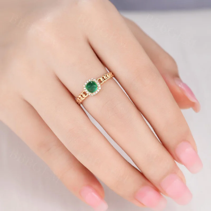 yellow diamond engagement rings -Cushion Halo Cabochon Natural Emerald Engagement Ring With Curb Link Chain Ring Yellow Gold 18k