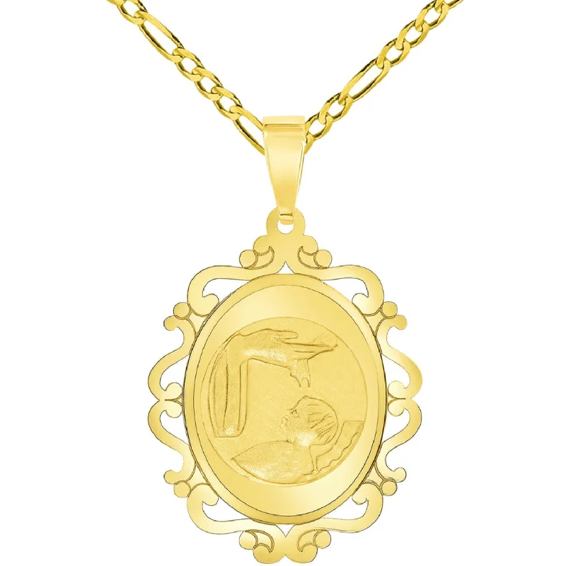 women gold plated necklaces -14k Yellow Gold Religious Baptism Christening On Elegant Ornate Medal Pendant with Figaro Chain Necklace