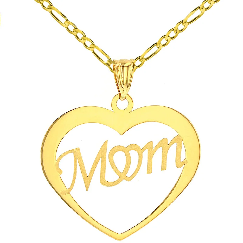 women infinity necklaces -Solid 14K Yellow Gold Simple Heart with Mom Pendant Figaro Chain Necklace