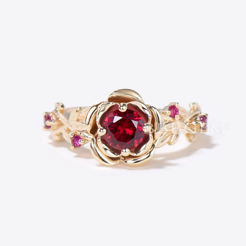 luxury diamond engagement rings -Floral Round Ruby Engagement Ring Solid Gold Leaf Bridal Ring Rose Flower July Birthstone Wedding Ring