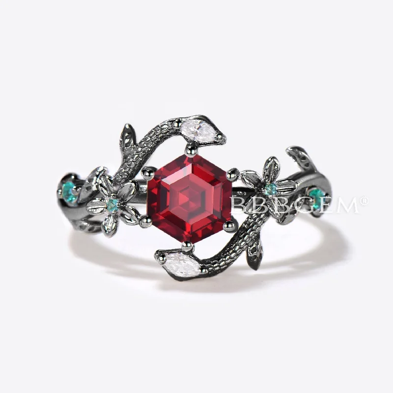 women antique engagement rings -Double Snake Hexagon Cut Ruby Engagement Ring Floral Leaf Ring