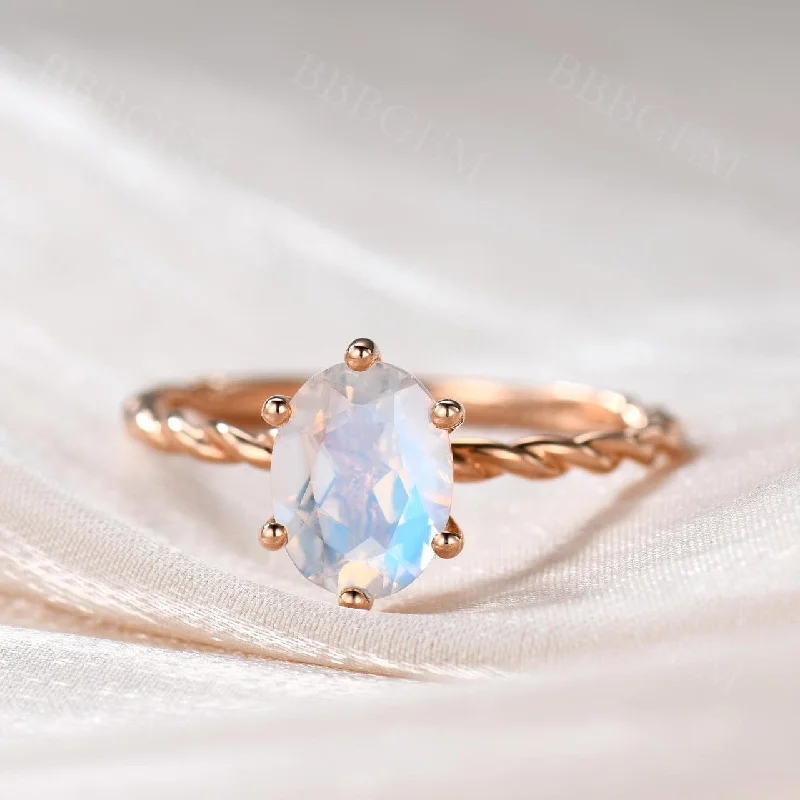 luxury engagement rings -14K Rose Gold 1 Carat Moonstone June Birthstone Solitaire Ring With Twisted Rope Band