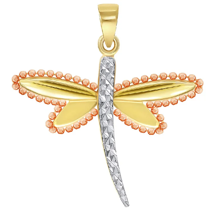 women silver chain necklaces -14k Yellow Gold and Rose Gold Beaded Dragonfly Tri-Tone Pendant