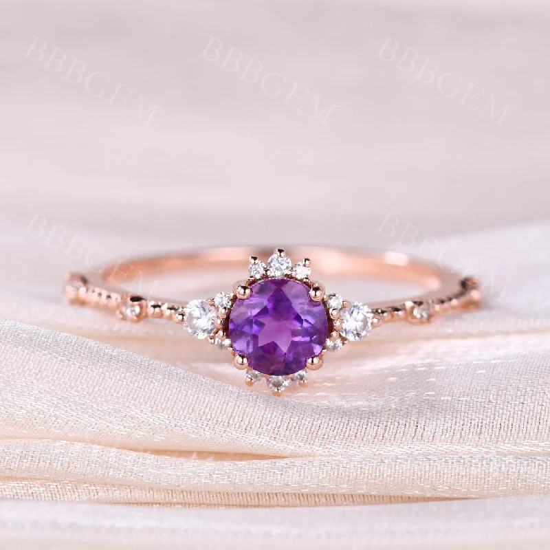 two-tone engagement rings -Round Cut 5mm Amethyst Engagement Ring Dainty Amethyst Diamond Ring