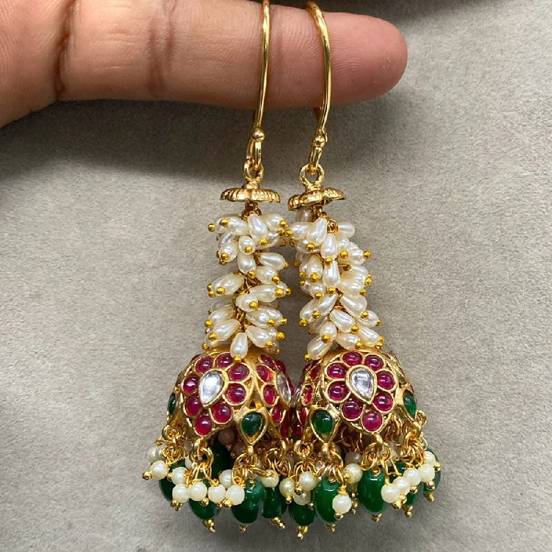 women silver hoop earrings -Royal Kundan Jewellery Gold Plated Kundan Pearls Jhumki Earrings