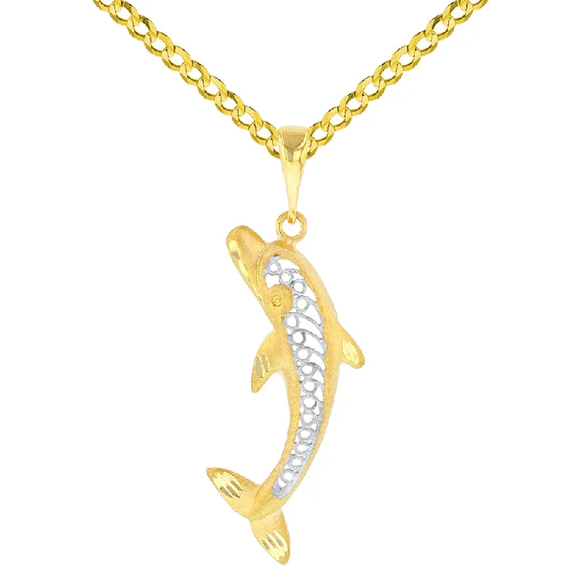 women luxury gold necklaces -14K Yellow Gold Filigree Jumping Dolphin Charm Animal Pendant with Cuban Chain Necklace