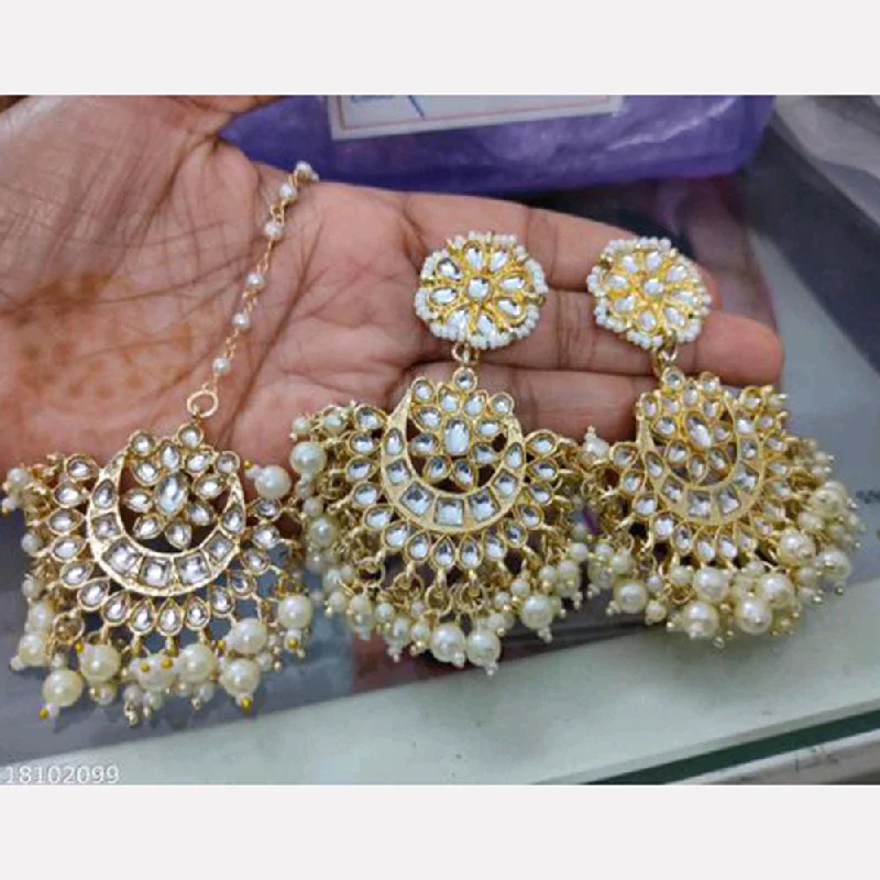 women statement drop earrings -Anjali Jewellery Gold Plated Kundan Stone And Pearls Dangler Earrings With Maangtikka