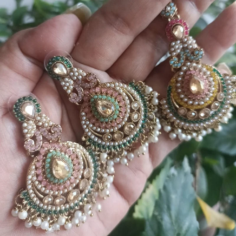 women personalized earrings -Exotica Collection Gold Plated Crystal Stone And Pearls Jhumki Earrings With Maangtikka