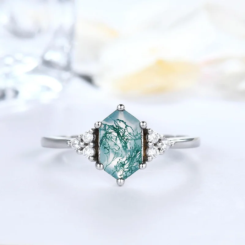 platinum diamond engagement rings -Long Hexagon Cut Moss Agate Engagement Ring With Cluster Diamond Accents Green Crystal Elongated White Gold