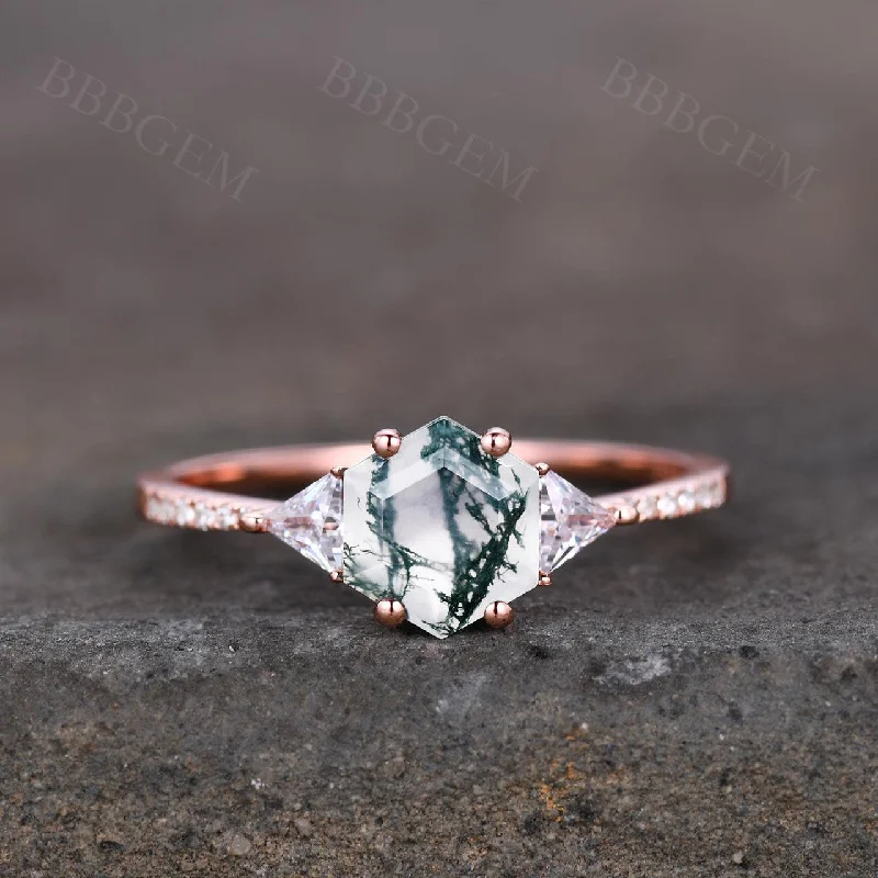 eco-friendly engagement rings -Hexagon Cut Green Moss Agate Engagement Ring Three Stone Hexagon Aquatic Agate Mossy Ring Triangle Moissanite