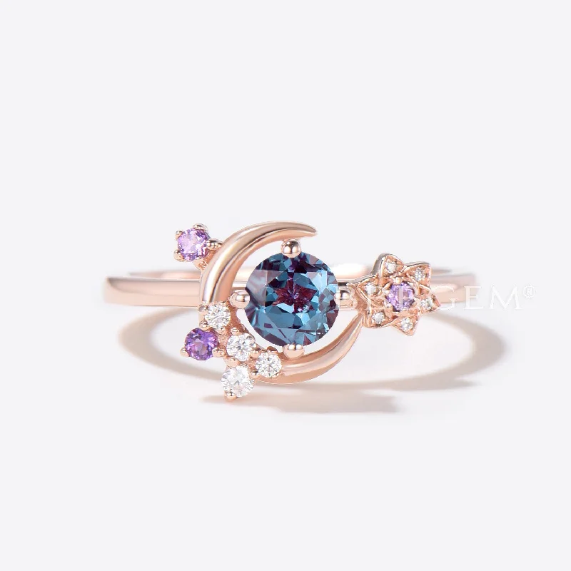 wedding engagement rings -Moon Engagement Ring Round Alexandrite Amethyst Wedding Ring