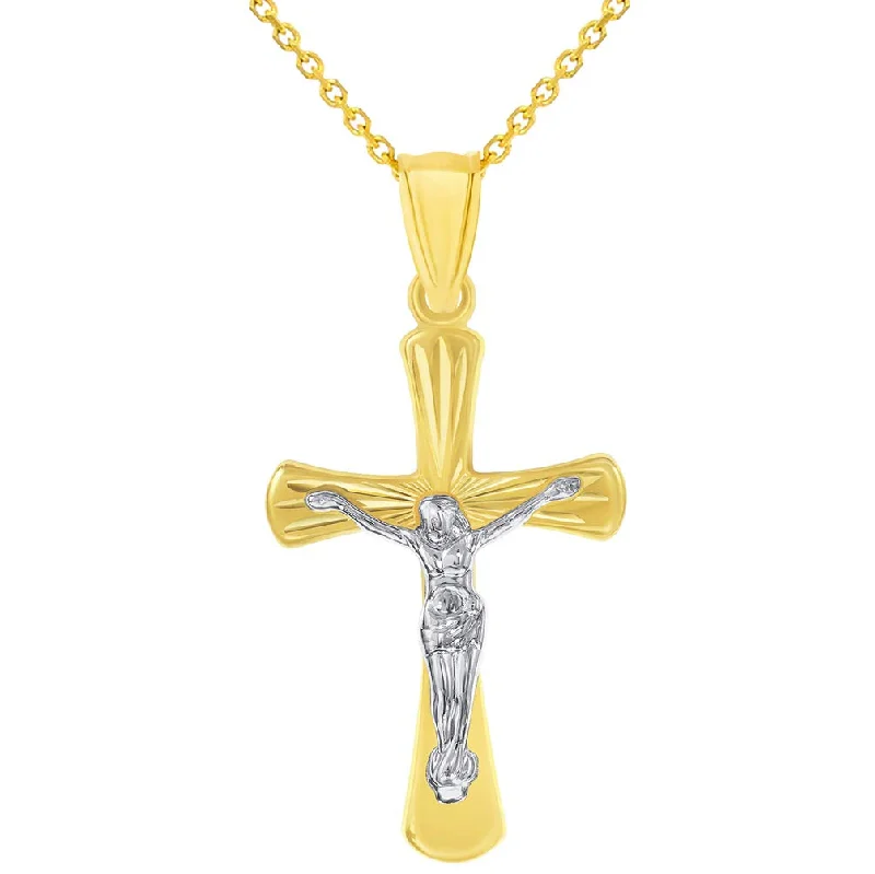 women long silver necklaces -14k Gold High Polished Textured Religious Cross Jesus Crucifix Pendant Necklace - Two-Tone