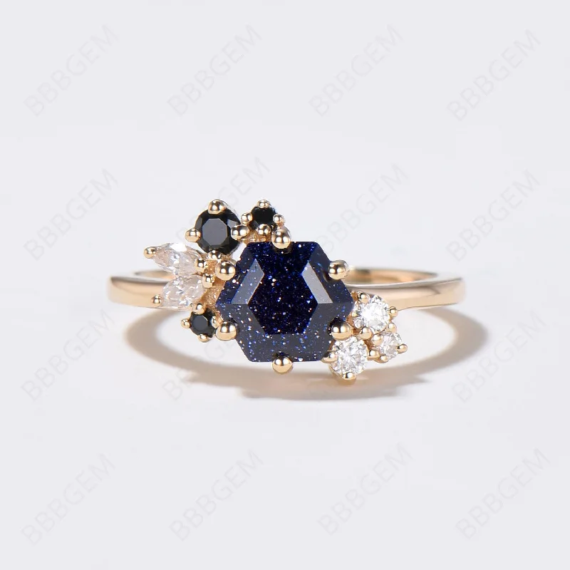 women engagement rings -Hexagon Blue Sandstone Ring Cluster Engagement Ring