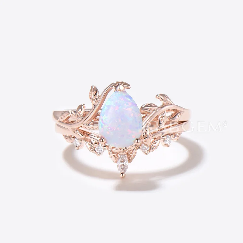 wedding ring and engagement ring sets -Rose Gold Pear Shaped Opal Engagement Ring Twig Leaf Vine Ring