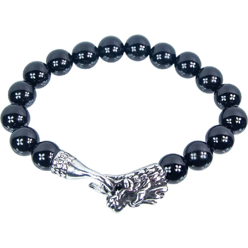 women wedding bangles -10 mm Elastic Bracelet Round Beads - Black Onyx with Stainless Steel Dragon Head Clasp