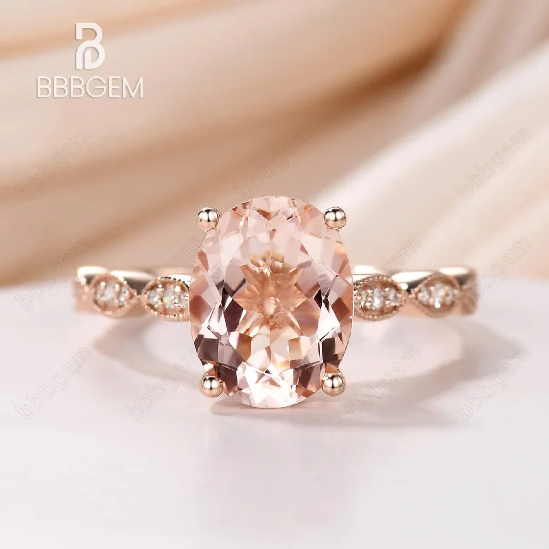 contemporary engagement rings -Classic 3 Carat Oval Peach Morganite Solitaire Engagement Ring Marquise Diamond Half Eternity Band in 14K Rose Gold