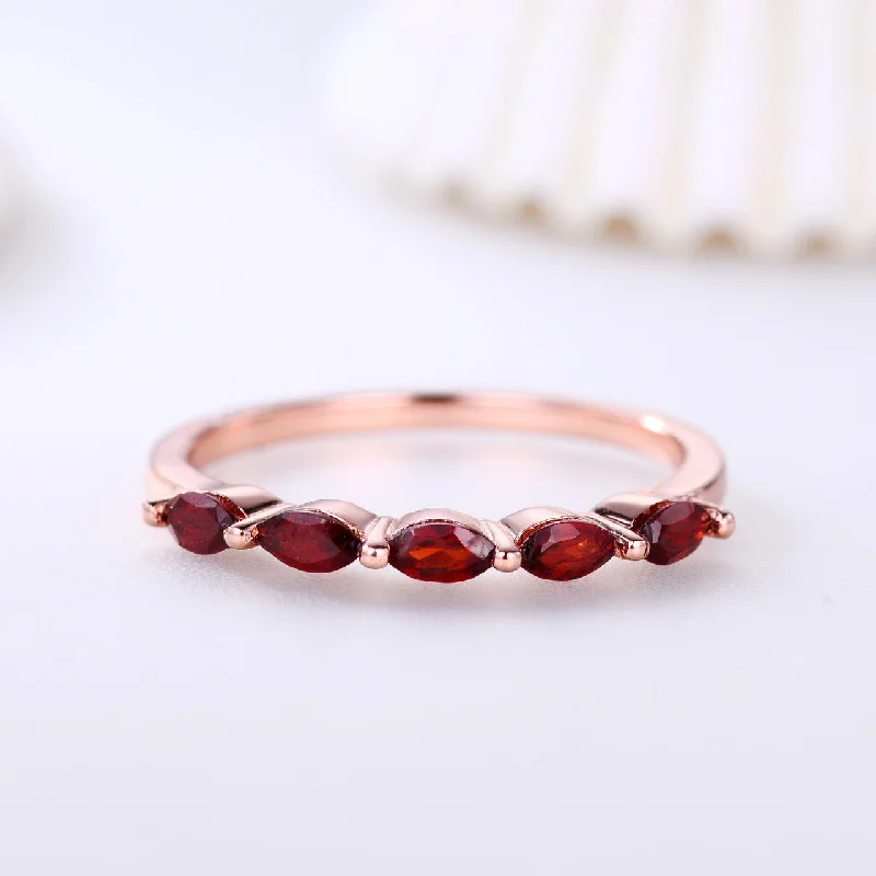 affordable engagement rings -Marquise Shaped Garnet Wedding Band Rose Gold Engagement Ring Matching Stacking Band