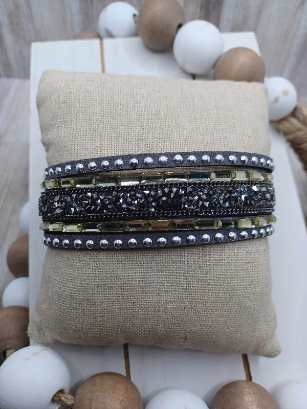 women rose gold bracelets -Grey Suede Bracelet w/ White & Crushed Rhinestones