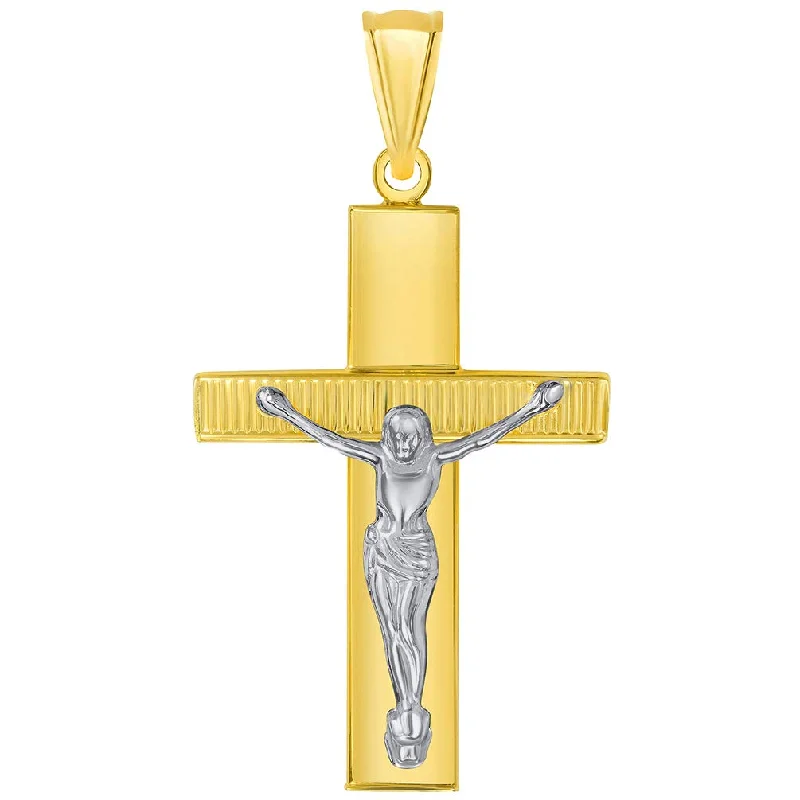 women drop necklaces -14k Yellow Gold High Polished Textured Religious Cross Two-Tone Jesus Crucifix Pendant