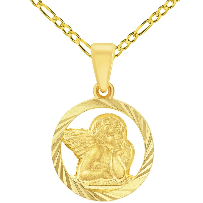 women cuff necklaces -14k Yellow Gold Textured Open Round Guardian Angel Pendant with Figaro Chain Necklace