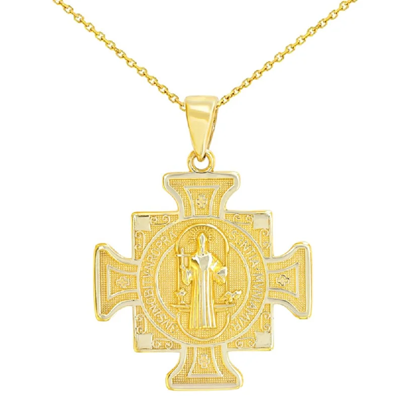 women art deco necklaces -14K Yellow Gold Saint Benedict Cross Charm Pendant Neckalce