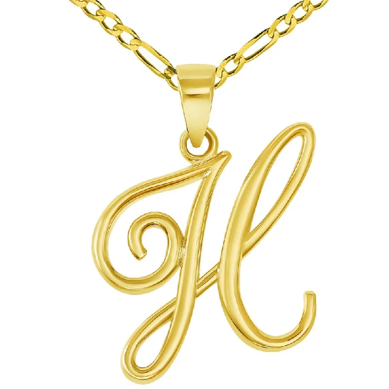 women thick chain necklaces -14k Yellow Gold Elegant Script Letter H Cursive Initial Pendant with Figaro Chain Necklace