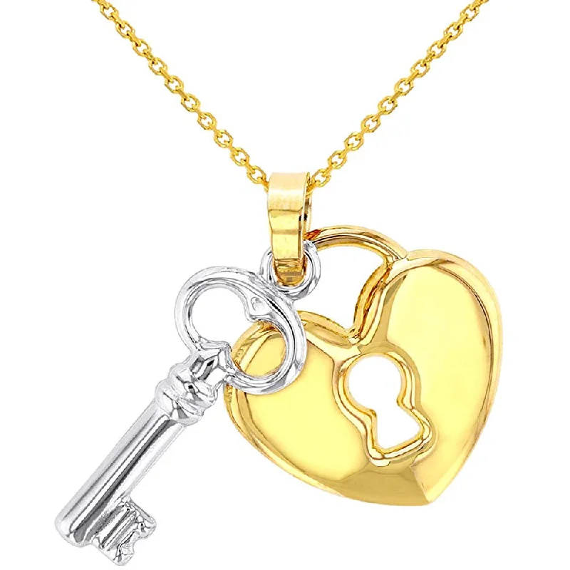 women engraved charm necklaces -Polished 14K Yellow Gold Heart with White Gold Love Key Pendant Necklace