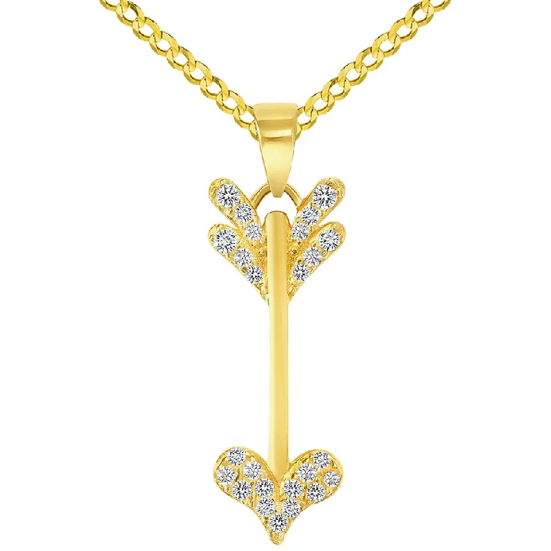 women friendship necklaces -14k Yellow Gold Cubic-Zirconia Reversible Vertical Cupid's Love Arrow Pendant with Cuban Curb Chain Necklace