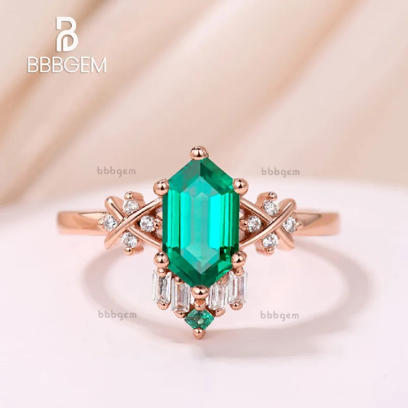 men custom engagement rings -Unique Long Hexagon Cut Lab Emerald 14K Rose Gold Diamond Emerald Engagement Ring Vintage Hexagon Cut Emerald Ring