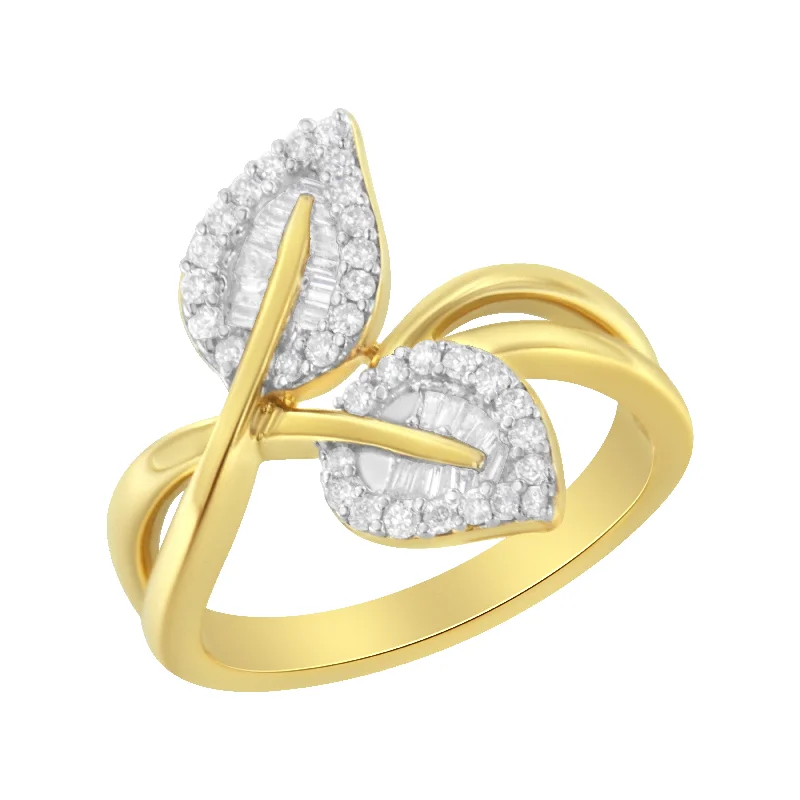 affordable rose gold engagement rings -10K Yellow Gold 3/8 Cttw Round and Baguette-Cut Diamond Leaf Cocktail Ring