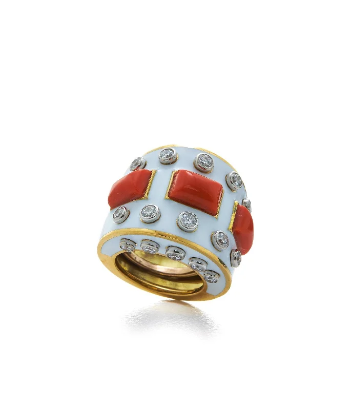 women unique wedding bands -Bastille Ring, Coral, White Enamel