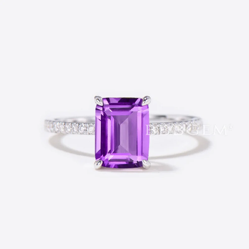 white gold engagement rings -2CT Emerald Cut Natural Amethyst Ring Diamond Wedding Ring