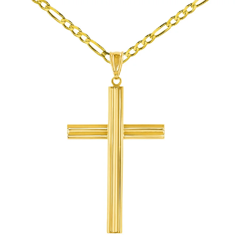 women pendant necklaces -14K Yellow Gold Plain Religious Cross Pendant with Figaro Chain Necklace