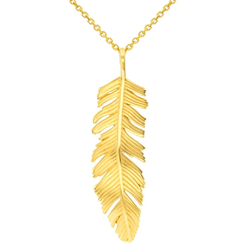 women silver link necklaces -Solid 14k Yellow Gold Polished Feather Charm Pendant Necklace