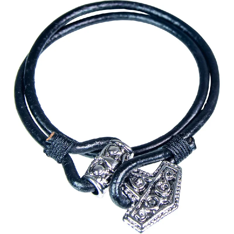 women custom engraved bangles -Black Leather Wrap Bracelet with Viking Hammer