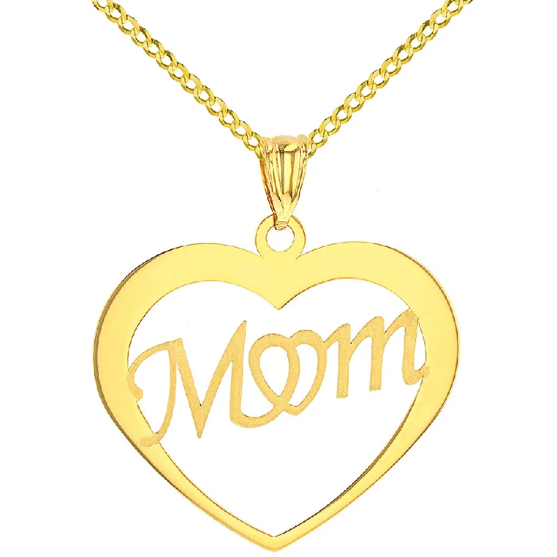 women fashion chain necklaces -Solid 14K Yellow Gold Simple Heart with Mom Pendant Cuban Chain Necklace