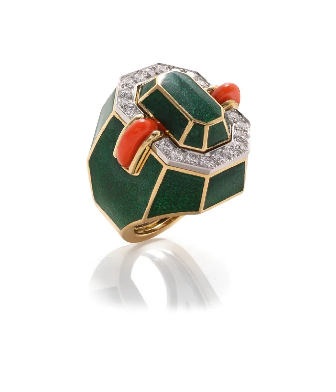 women chic rings -Facet Ring, Coral, Green Enamel