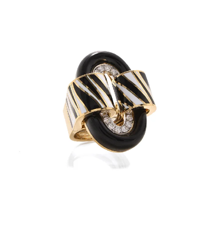 women modern rings -Zebra Stripe Oval Buckle Ring, Black Enamel