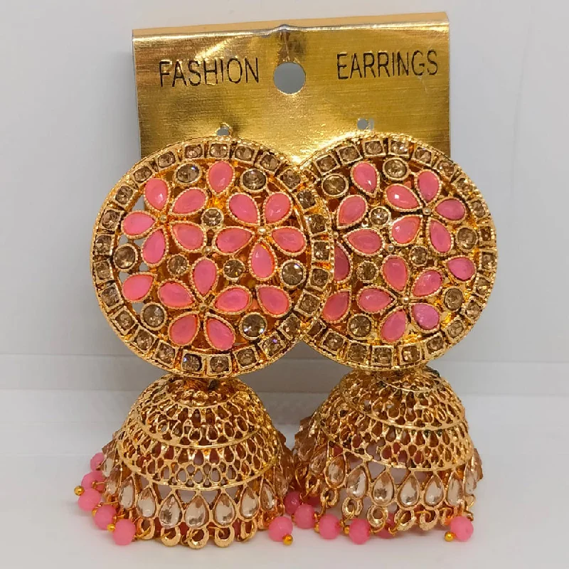 women minimalist gold earrings -Khushboo Jewellers Gold Plated Pota Stone And Pearls Jhumkis Earrings