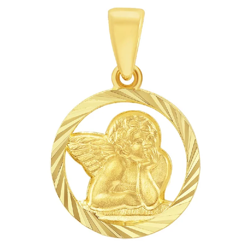 women long silver necklaces -14k Yellow Gold Textured Open Round Guardian Angel Pendant